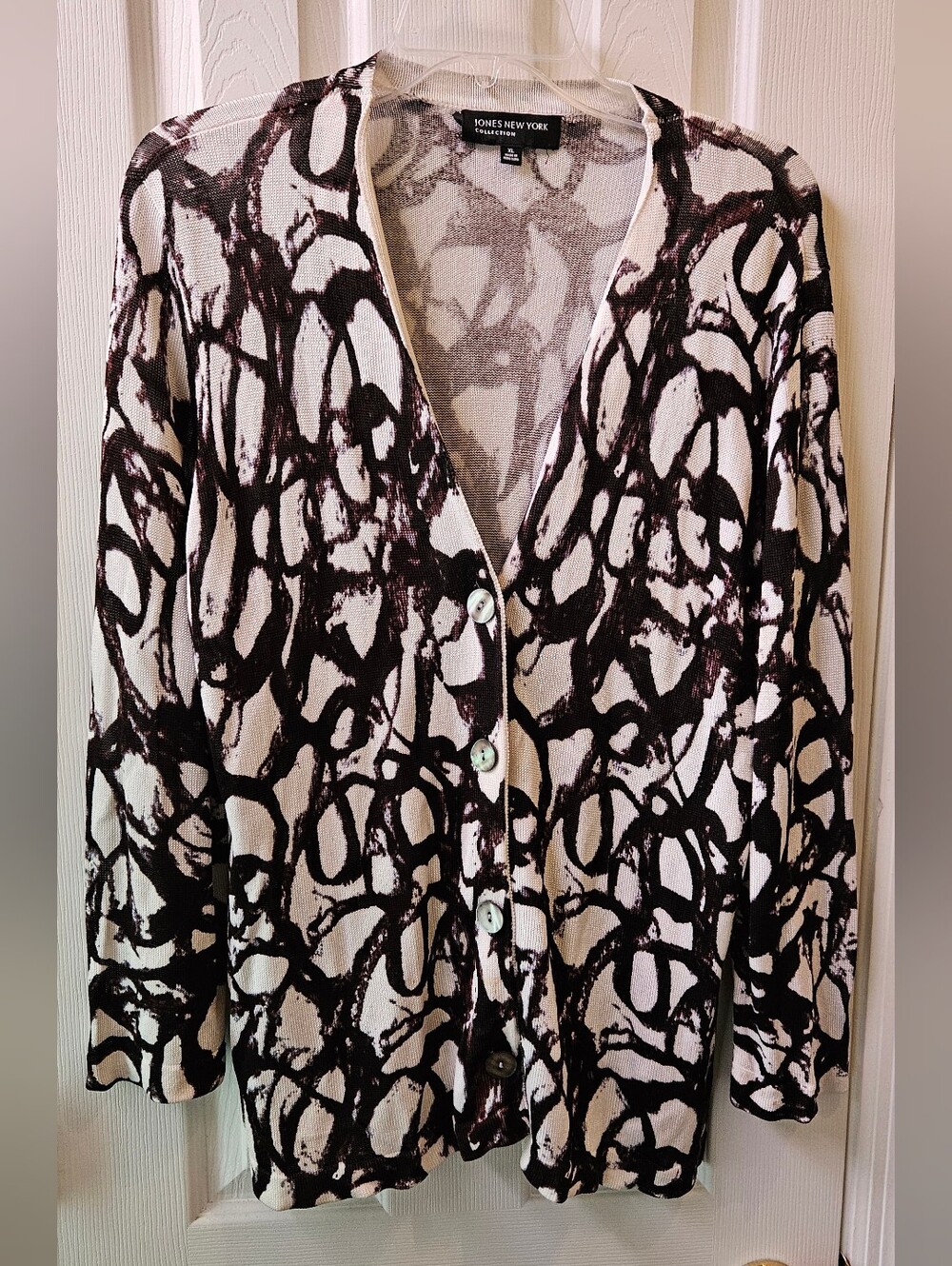 Jones NY Collection Black & White Abstract Button-Front Cardigan - Size XL